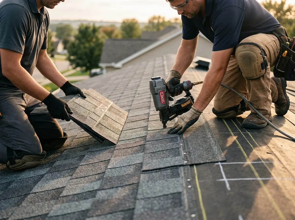 Professional roofer working on a residential roof in Brush
